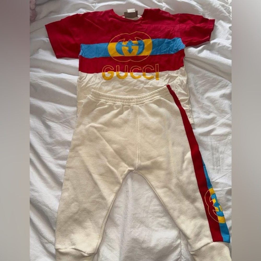 Gucci Red and Cream Kids Set with Blue Accents